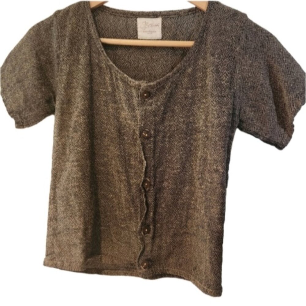 Brahmi Small Brown Button Up‎ Crop 100% Silk Blouse Natural